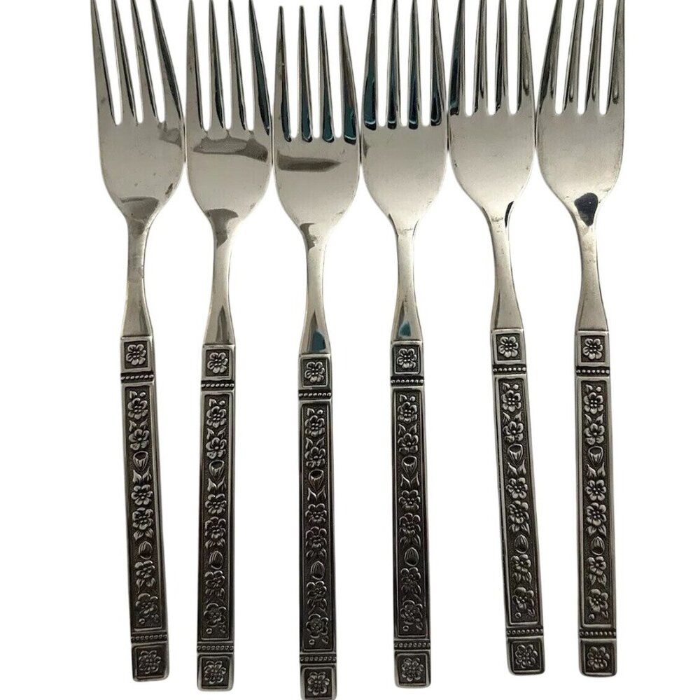 Oneida Coliseum Dinner Forks 6 Set Stainless Steel 7.25" Floral Black Textured